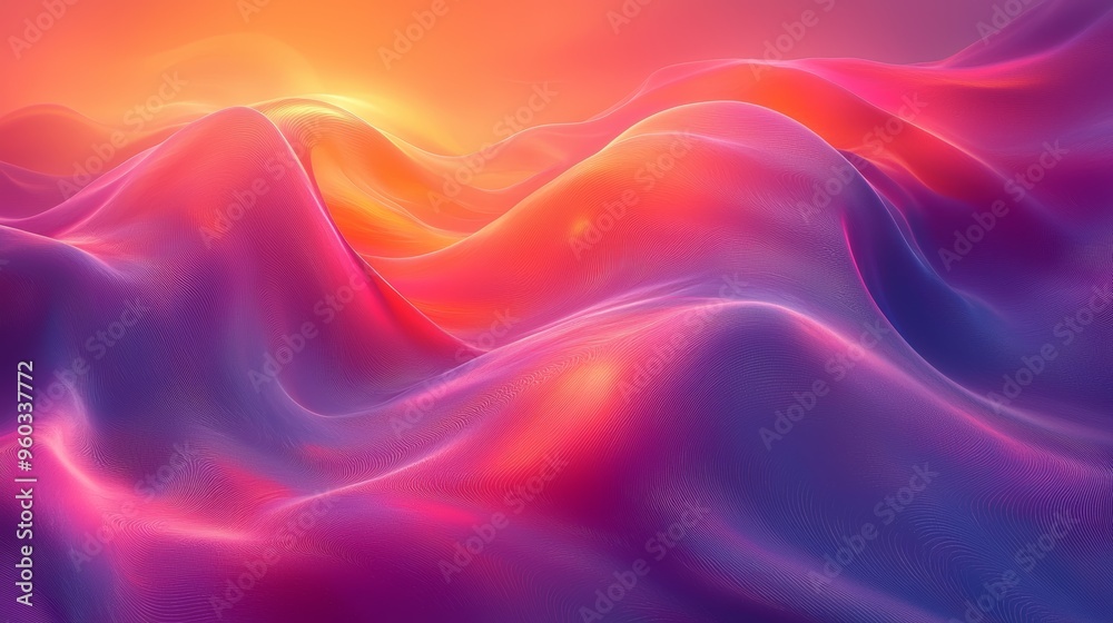 Obraz premium A vibrant landscape of flowing waves in shades of pink and purple at sunset over rolling hills