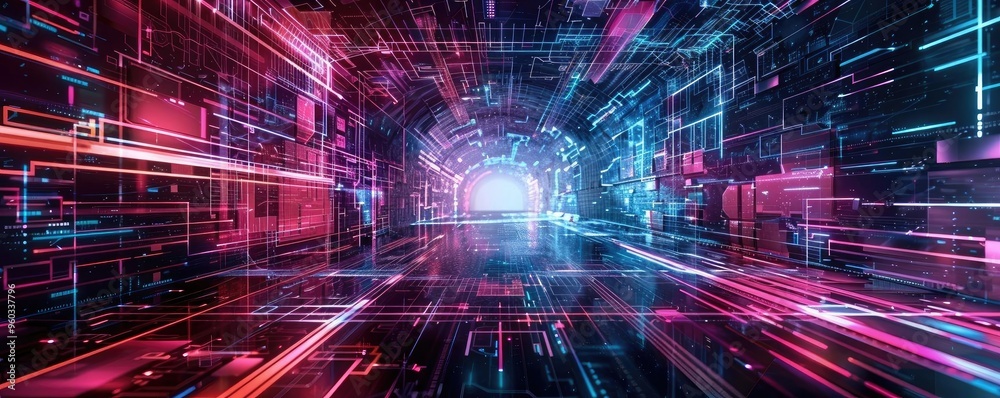 Futuristic digital tunnel creating a vibrant illusion of speed and technology, highlighted by neon colors and abstract light patterns. Futuristic digital tunnel creating a vibrant illusion of speed and technology, highlighted by neon colors and abstract light patterns.