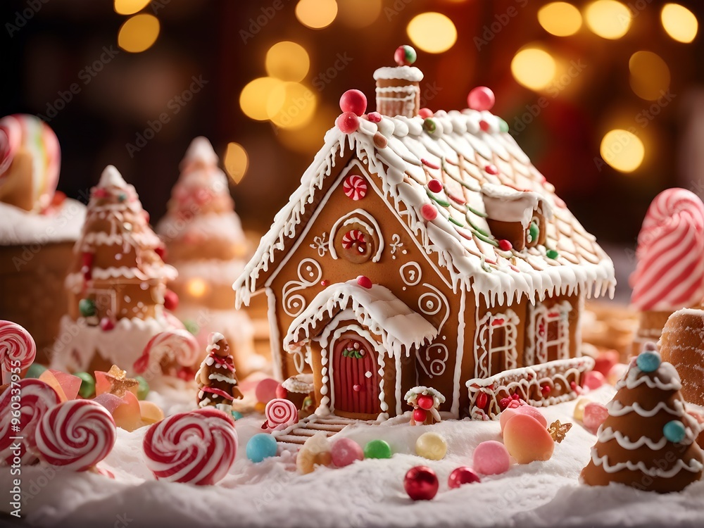 gingerbread house decorations, focusing on the intricate icing details, colorful candy, and soft, warm light creating a cozy festive ambiance, AI generated gingerbread house decorations, focusing on the intricate icing details, colorful candy, and soft, warm light creating a cozy festive ambiance, AI generated