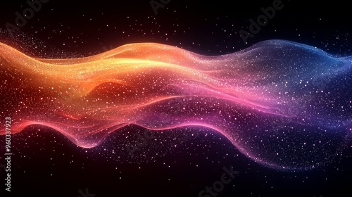 Colorful waves of light and energy flow through a dark space, creating a mesmerizing visual effect with cosmic elements