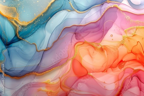 Wallpaper Mural A dynamic green and gold abstract fluid art piece, characterized by flowing lines and translucent layers, evoking a sense of movement and harmony. Torontodigital.ca