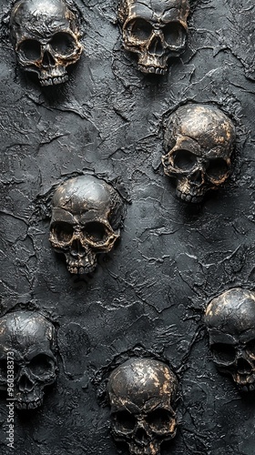 A visually striking textured black wall featuring multiple skulls in relief, with an artistic representation evoking a sense of mystery and darkness.