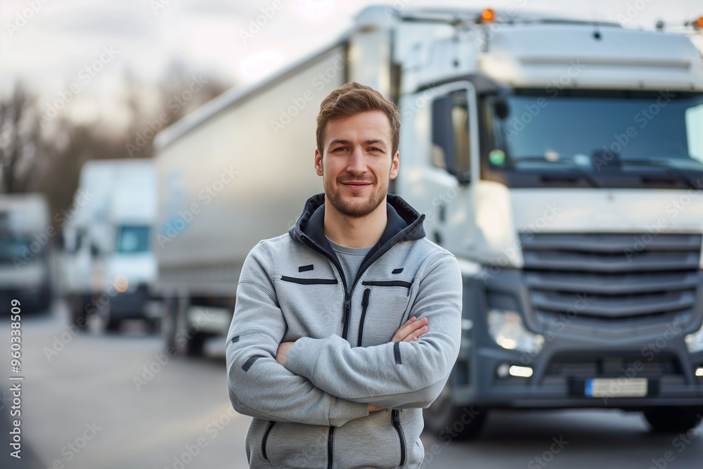 Happy truck driver with arms crossed standing in front of truck Happy truck driver with arms crossed standing in front of truck