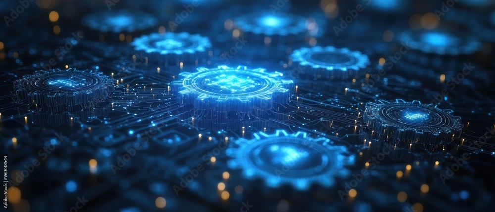 Glowing Blue Cogs on a Circuit Board Glowing Blue Cogs on a Circuit Board