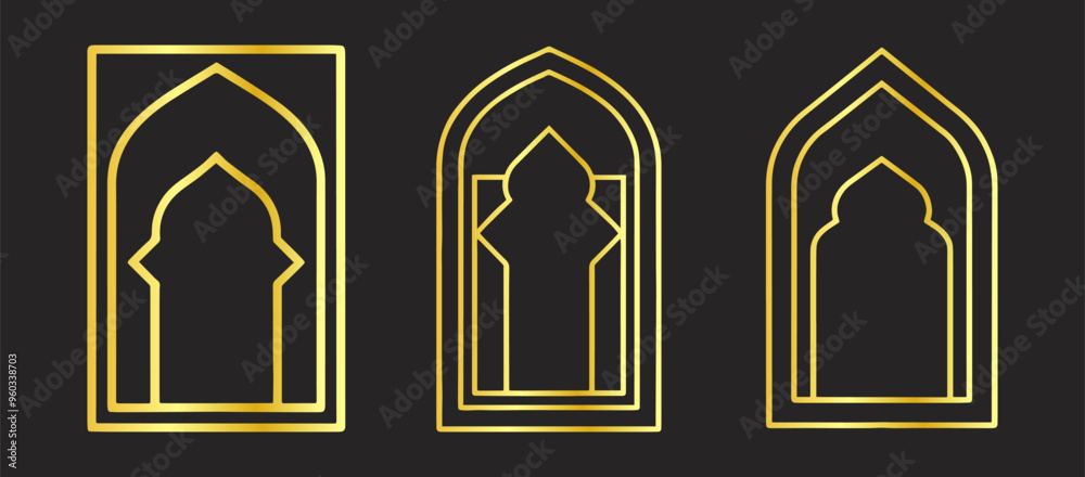 Golden traditional Islamic window shapes. Arabic frames, mosque arches with gold geometric motif pattern Golden traditional Islamic window shapes. Arabic frames, mosque arches with gold geometric motif pattern