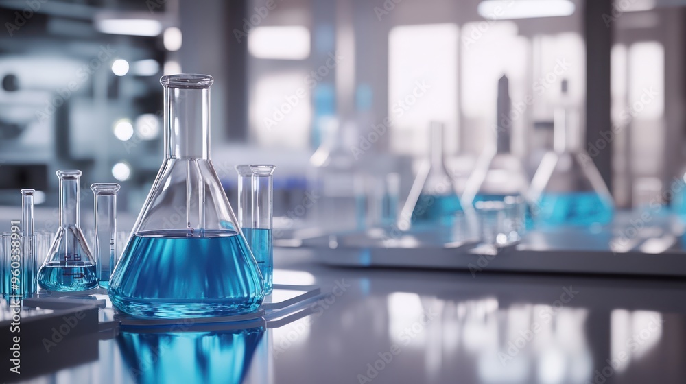 A laboratory setting featuring various glassware filled with vibrant blue liquids, showcasing a modern and clean scientific environment. A laboratory setting featuring various glassware filled with vibrant blue liquids, showcasing a modern and clean scientific environment.