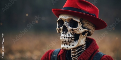 A skeleton wearing a red hat and smiling.