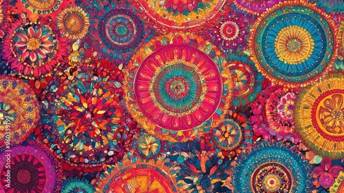 High-resolution digital rendering of an Indian fabric pattern with intricate mandala designs in bright, festive colors. The vibrant pattern is perfect for textiles or lively wallpapers.