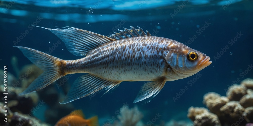 A fish with a blue eye is shown in the water. A fish with a blue eye is shown in the water.