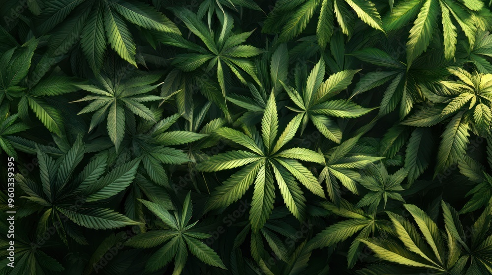 A vibrant and dense canopy of cannabis leaves, showcasing various shades of green under soft lighting. A vibrant and dense canopy of cannabis leaves, showcasing various shades of green under soft lighting.