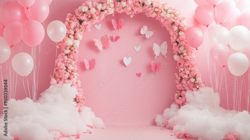A pink arch with butterflies, balloons, and heart-shaped decorations on the wall. A pink arch with butterflies, balloons, and heart-shaped decorations on the wall.