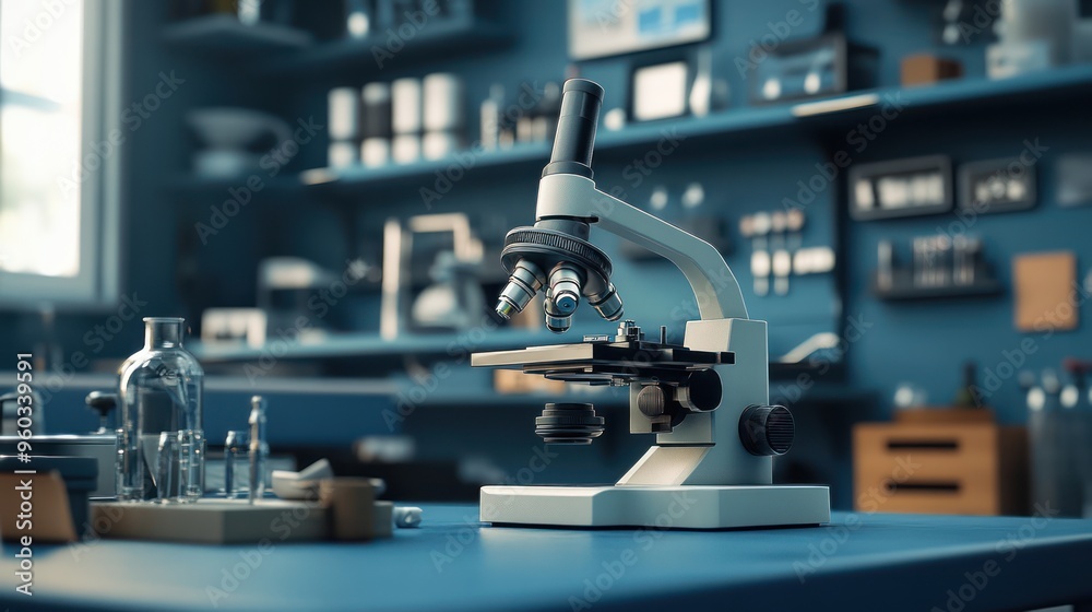 Close-up of a modern microscope in a well-organized laboratory setting. Close-up of a modern microscope in a well-organized laboratory setting.
