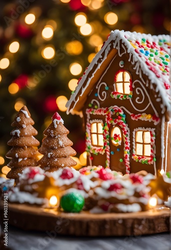 gingerbread house decorations, focusing on the intricate icing details, colorful candy, and soft, warm light creating a cozy festive ambiance, AI generated