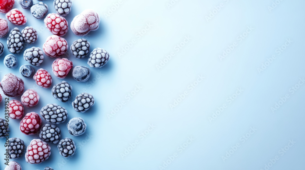 Frozen berries create vibrant and refreshing display against soft blue background, evoking sense of coolness and natural beauty. Frozen berries create vibrant and refreshing display against soft blue background, evoking sense of coolness and natural beauty.