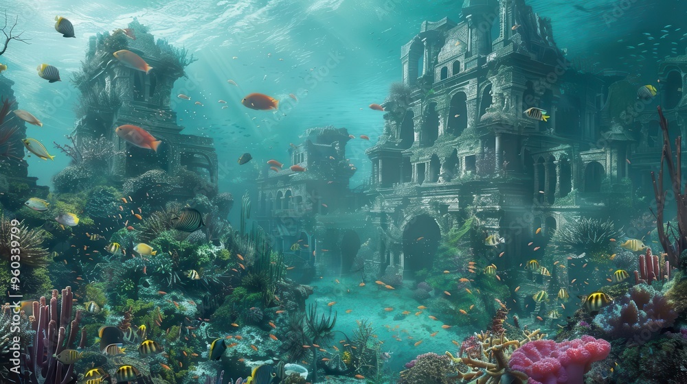 underwater ruins of a lost city with ornate architecture surrounded by ...
