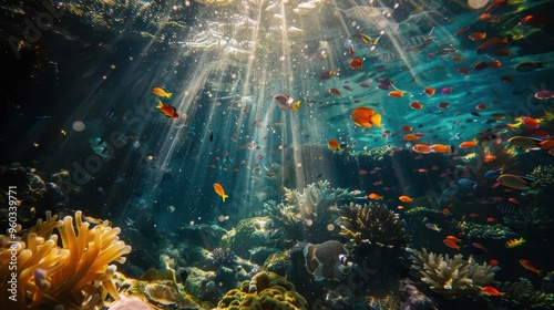 underwater coral reef with colorful fish and sunbeams abstract photo photo