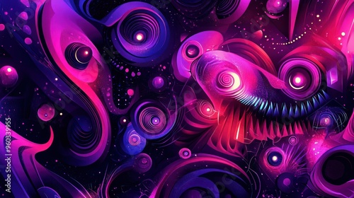 A vibrant abstract digital artwork featuring swirling shapes and cosmic elements in shades of purple and pink.