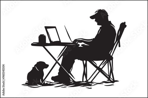 camping Silhouette of a Man Working on Laptop in Nature photo