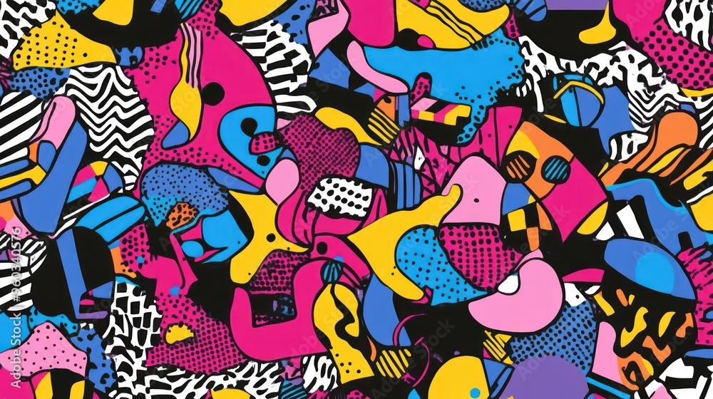 Fototapeta premium Colorful abstract pattern featuring bold shapes and vibrant colors in a playful arrangement.