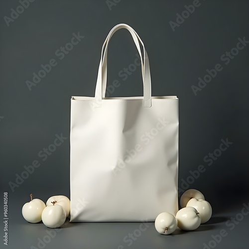 modern tote bag white fruits and vegetables can be seen above for grocary blank and plain darkcolor background photo