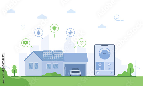 A Smart home concept with a house equipped with solar panels, electric car charging station, and controlled by a smartphone app. Features include temperature control, security, and energy efficiency. 