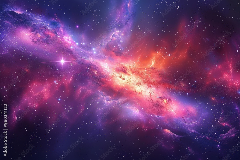 Fototapeta premium A vibrant and colorful nebula filled with pink and purple hues, glowing stars, and swirling clouds of cosmic dust.
