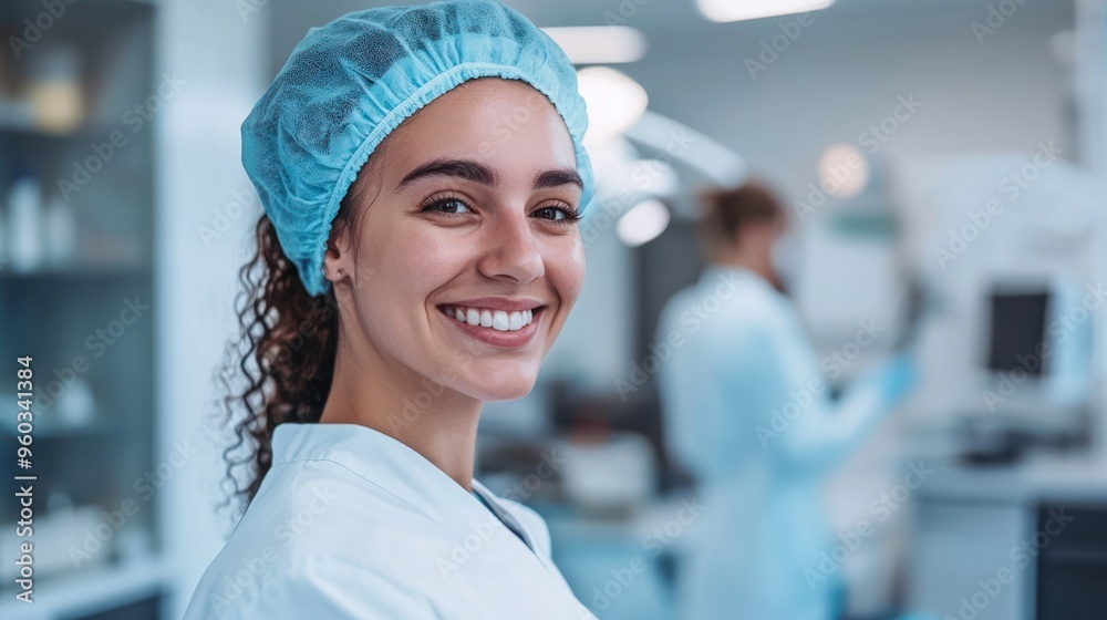 Smiling female healthcare professional in a medical setting, wearing a blue surgical cap and lab coat. Smiling female healthcare professional in a medical setting, wearing a blue surgical cap and lab coat.