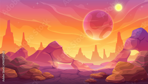 Cartoon alien space planet surface, fantastic mars red mountains landscape. Vector otherworldly background features rocky formations, and a large, mysterious planet in the sky, with a stunning sunset