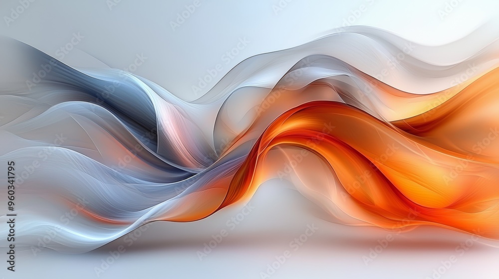 Colorful flowing abstract patterns with intertwining waves in shades of orange and gray on a light background