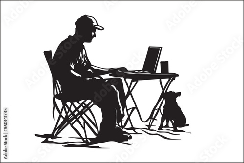 camping Silhouette of a Man Working on Laptop in Nature photo