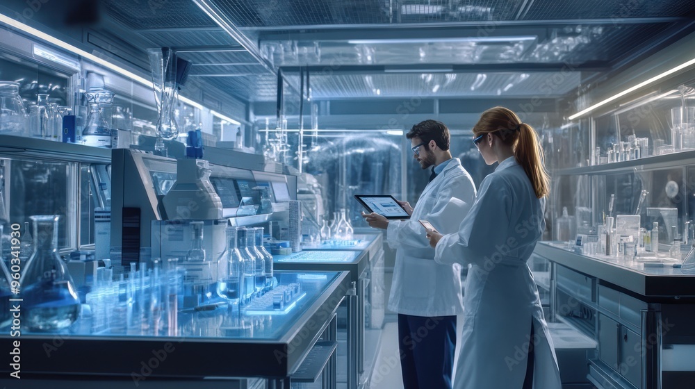 A male scientist of Middle-Eastern descent and a female scientist of Caucasian descent collaborating in a modern laboratory.