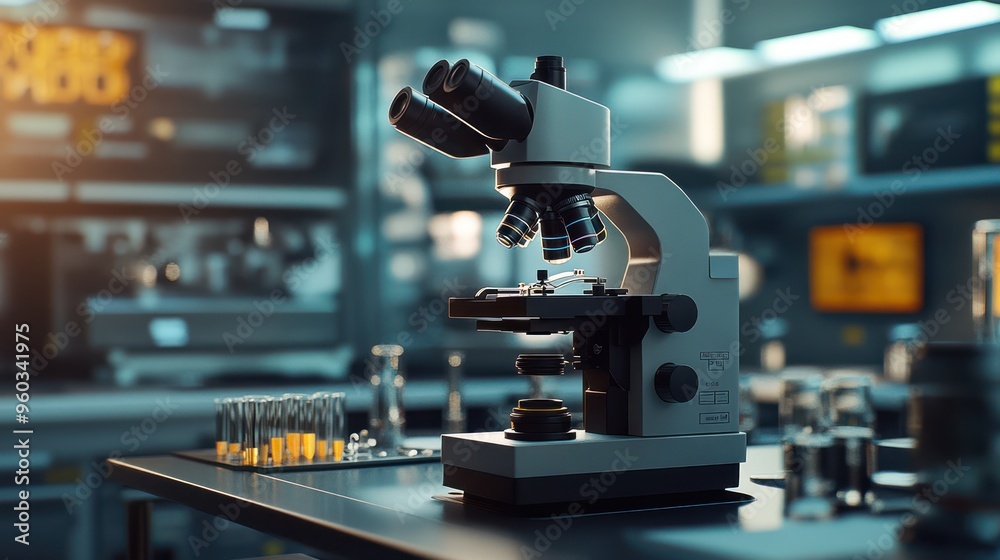 Fototapeta premium A high-quality modern microscope on a laboratory table, showcasing its intricate design in a bright, innovative lab setting.