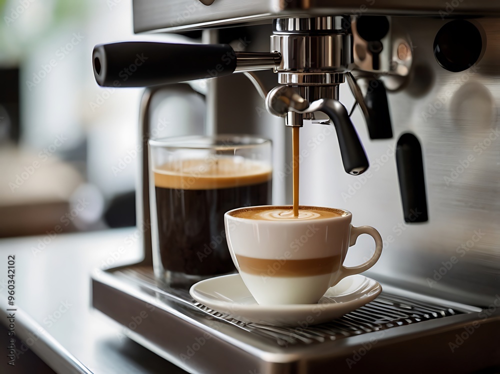A freshly made cup of coffee is preparing by espresso machine A freshly made cup of coffee is preparing by espresso machine