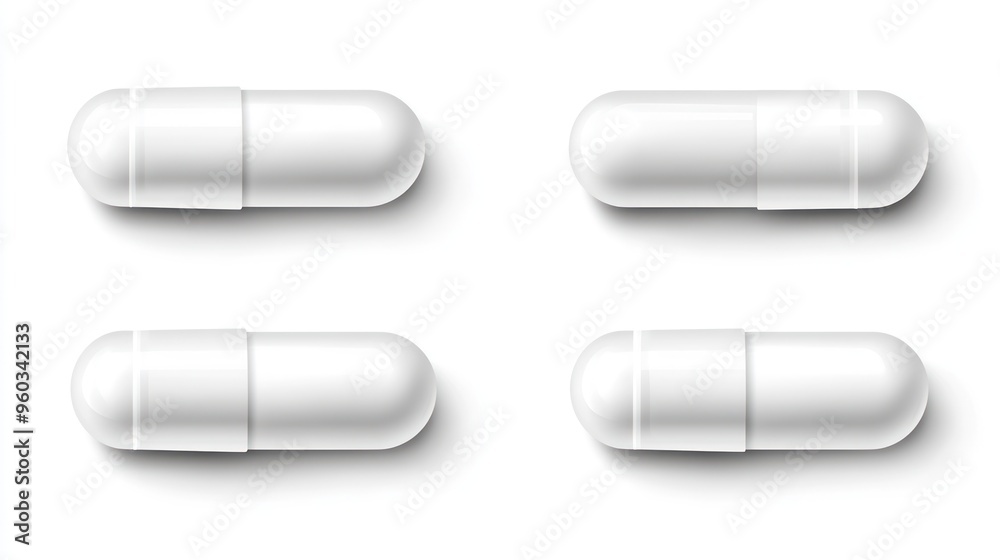 Four white capsules arranged neatly on a white background, conveying a sense of cleanliness and health. Four white capsules arranged neatly on a white background, conveying a sense of cleanliness and health.