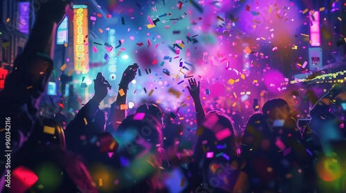 urban celebration scene colorful confetti rain city street at night neon lights joyful crowd silhouettes