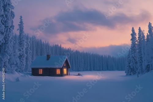 Pristine snowscape, lone cabin, warm glow, photorealistic, twilight, untouched snow, cozy contrast, serene isolation photo