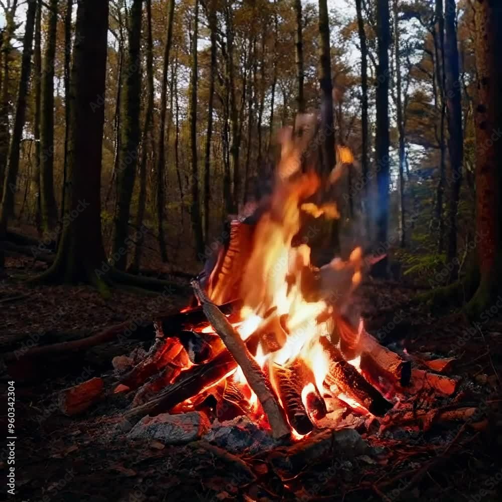 Wood fire in woods with trees. Campfire burning in forest. Forest campfire with bright flames in daylight. Wood fire in woods with trees. Campfire burning in forest. Forest campfire with bright flames in daylight.