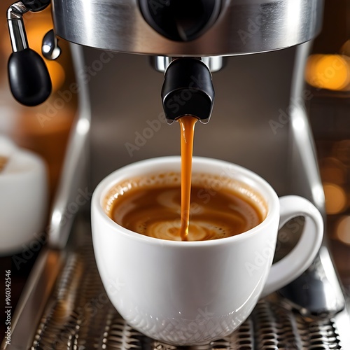 A freshly made cup of coffee is  preparing by  espresso machine photo