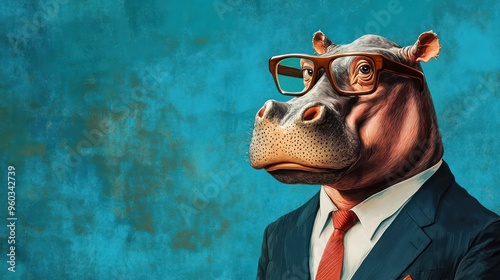 A whimsical illustration of a hippo in a suit and glasses, exuding a quirky charm against a vibrant teal background. photo