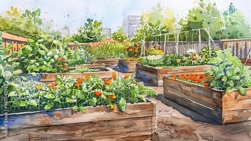 Fototapeta Naklejka Na Ścianę i Meble -  urban gardening lush raised beds overflowing with herbs vegetables and flowers watercolor sketch