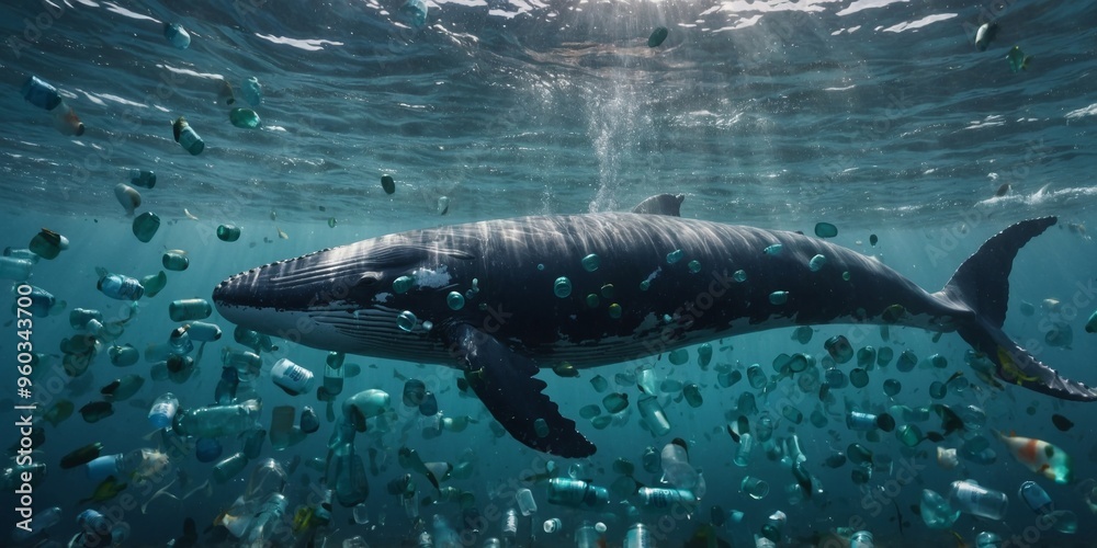 Fototapeta premium A whale is swimming in a sea of plastic bottles.