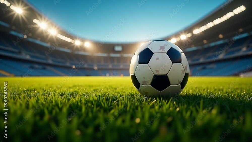 Naklejka premium Stadium Lights Reflect on Soccer Ball , A black and white soccer ball sits centered on a lush green field under stadium lights. The bright spotlights create dramatic reflections on the ball's textured