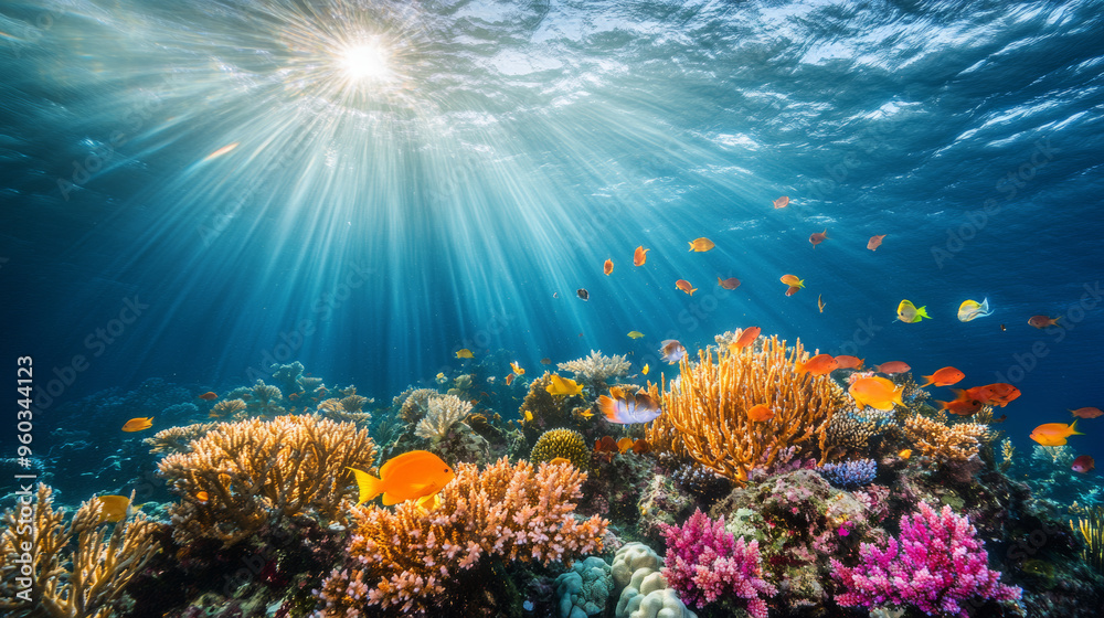 Naklejka premium Vibrant Underwater Coral Reef with Tropical Fish