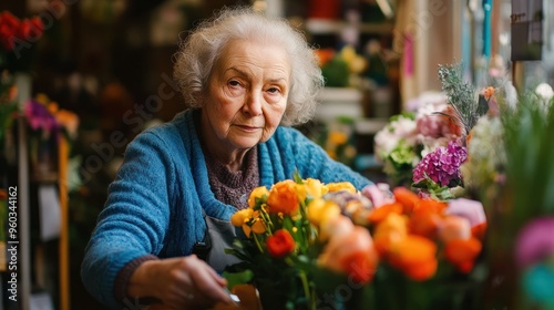 Elderly woman tending to vibrant flowers in a cozy shop, showcasing her love for nature and artistry.