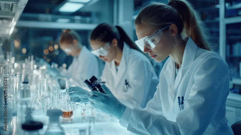 Three female scientists in a lab, focused on their experiments with lab equipment and glassware, creating a collaborative research environment. Three female scientists in a lab, focused on their experiments with lab equipment and glassware, creating a collaborative research environment.