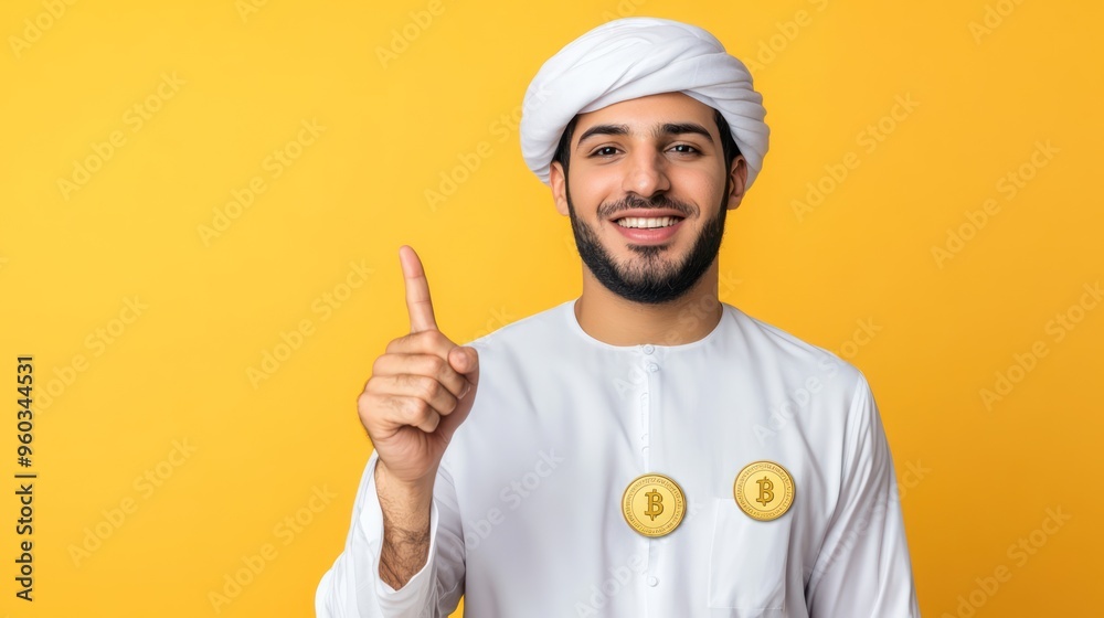 Smiling Arab man in traditional attire holds up a finger, representing the concept of Bitcoin with coins on his chest against a bright background. Smiling Arab man in traditional attire holds up a finger, representing the concept of Bitcoin with coins on his chest against a bright background.
