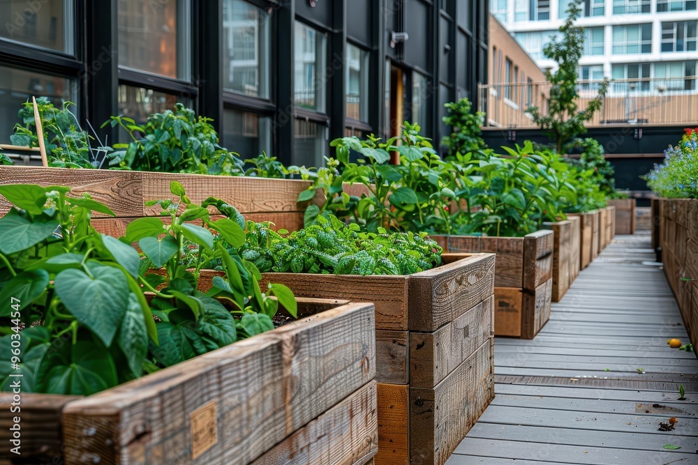 urban organic gardening wooden raised beds with vertical bean plants in city environment lifestyle photography