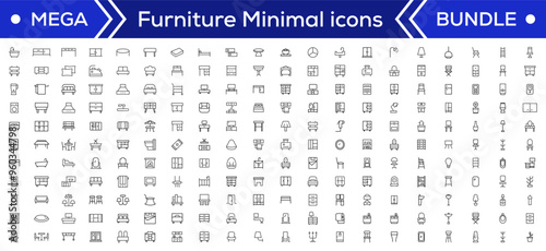 Furniture Minimal line icons Bundle. Sofa, Chair, Table, Bed, Lamp, Wardrobe, Mirror, Desk icon for apps and website
