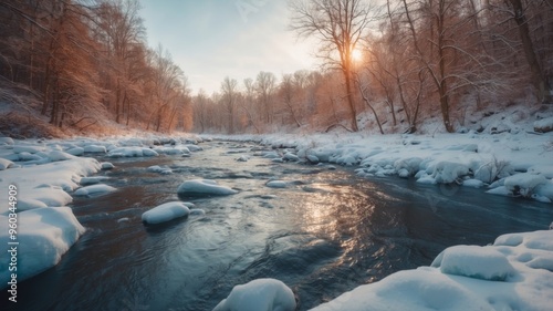 A river flowing in a frozen and snowy winter landscape. photo