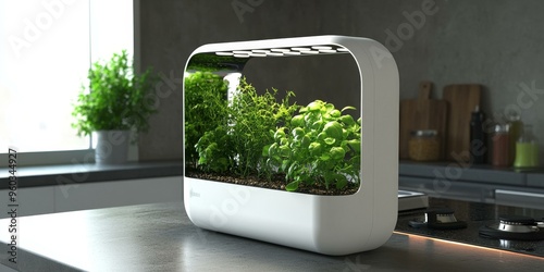 Indoor garden with plants in a white planter.